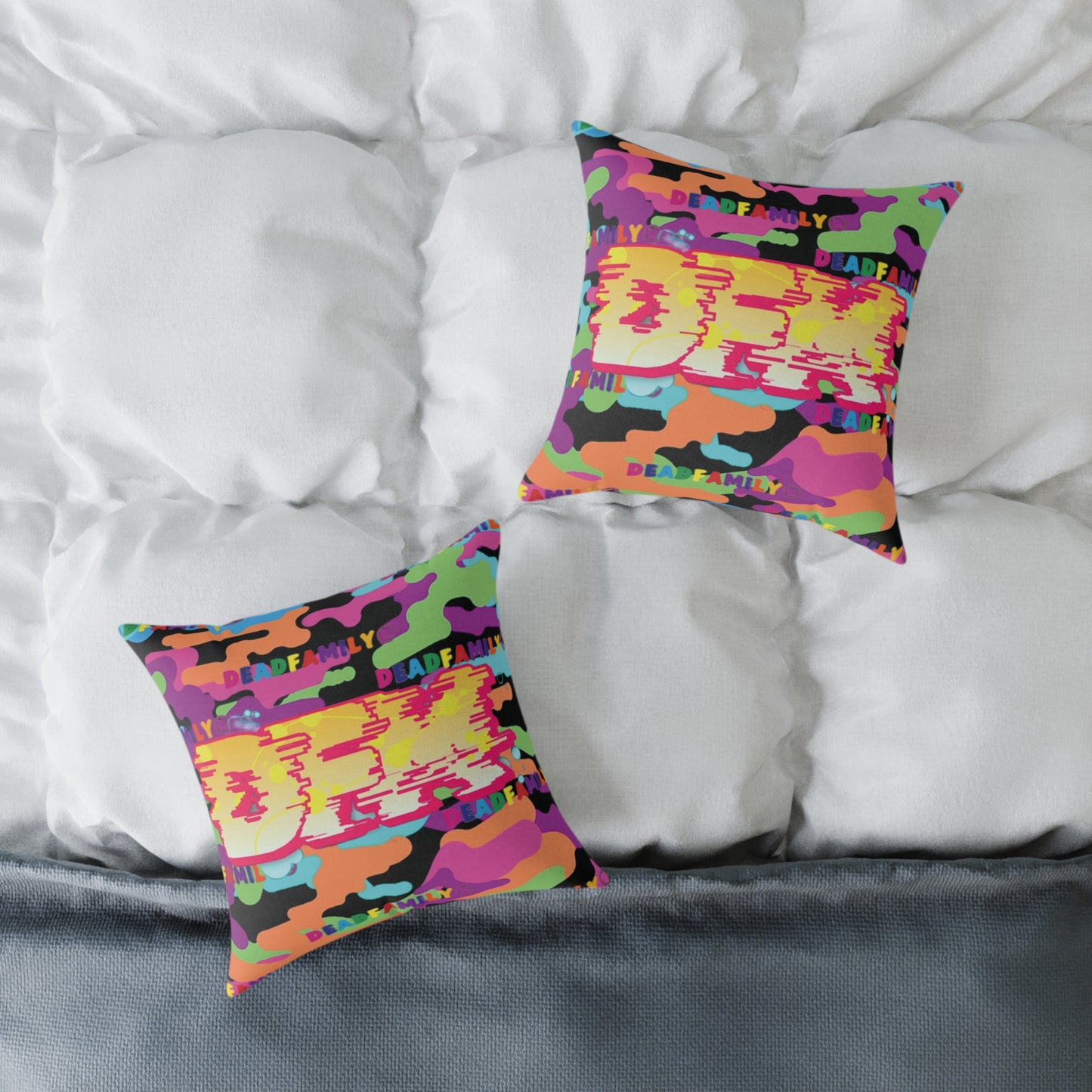 DEADFAMILY Camo Graff rainbow Square Poly Canvas Pillow
