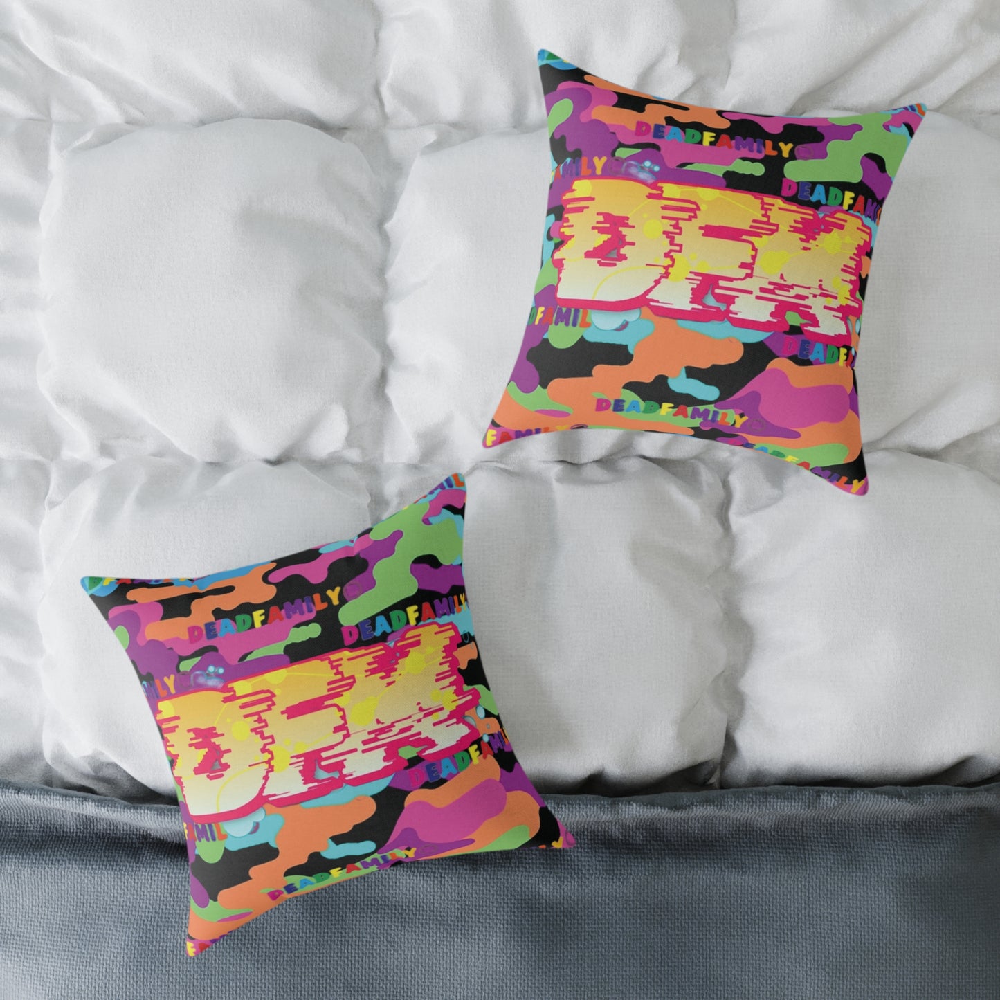 DEADFAMILY Camo Graff rainbow Square Poly Canvas Pillow