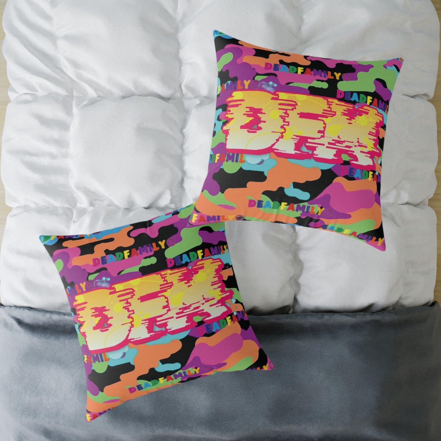 DEADFAMILY Camo Graff rainbow Square Poly Canvas Pillow